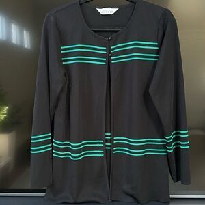 Exclusively Misook Cardigan Black Green Stripes Long Sleeve, Size M